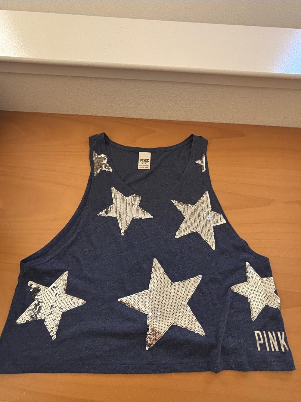 PINK Victoria Secret - Navy Sequin Star Crop Tank top